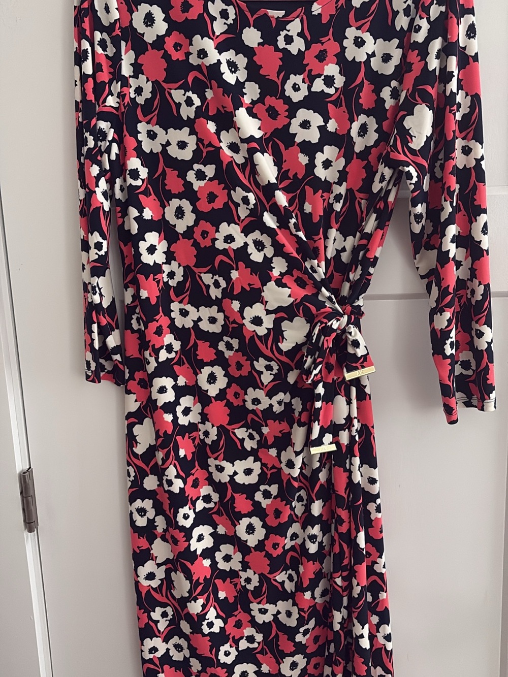 Anne Klein Navy Floral Wrap Midi Dress with Coral & White Flowers